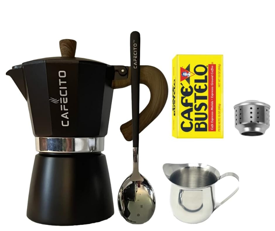 Cuban Coffee Starter Kit | Cafecito 6 Cups Moka Pot Set | Cafetera Cubana Stovetop Espresso Maker Set | Anti-Splash Valve Includ
