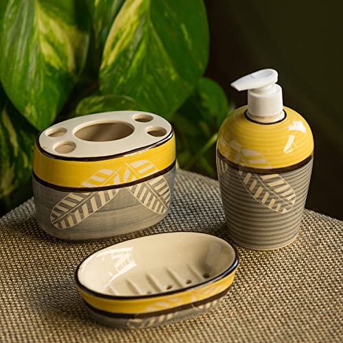 Exclusivelane Leaves Imprinted Ceramic Bathroom Accessories Set Of 3 (Liquid Soap Dispenser, Toothbrush Holder, Tumbler) (El-022