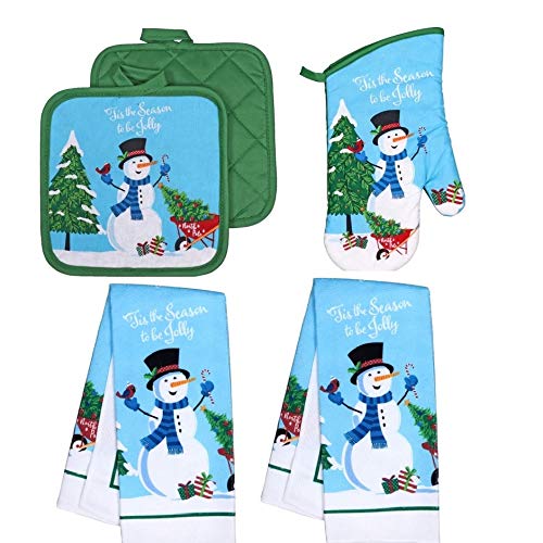 Collection Weihnachts-Kchenhandtuch-Set, 5-Teilig, 2 Topflappen Und Handtcher Mit 1 Ofenhandschuh (Schneemann)