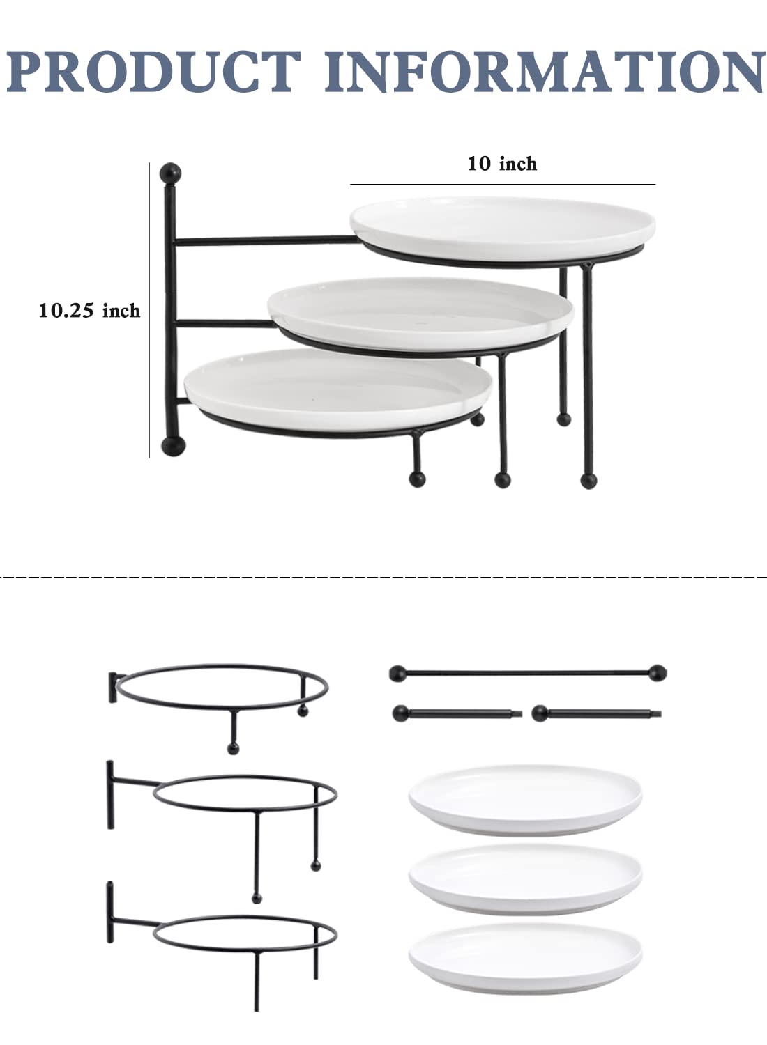 Kanwone 3 Tiered Serving Stand with White Porcelain Plates  Swivel Food Display Stand  10'' x 10'' Tier Serving Trays with Black Metal Stand for Entertaining  3 Tier Dessert Stand