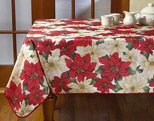 Violet Linen European Holiday Christmas Poinsettia Floral Design Printed Tablecloth - Beige - 60'' By 84'' Oblong/Rectangle