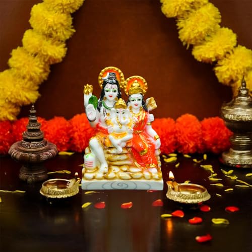 Ekhasa Hand Painted Shiv Parivar Murti (5 Inch) | Marble Dust Shiv Parvati Murti For Pooja Room, Home Decor & Office | Resin Shi