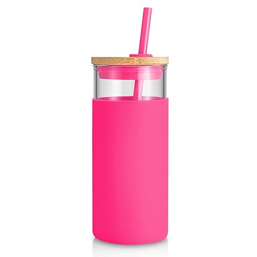 tronco 20oz Glass Tumbler Glass Water Bottle Straw Silicone Protective Sleeve Bamboo Lid - BPA Free (Watermelon/ 1 Pack)