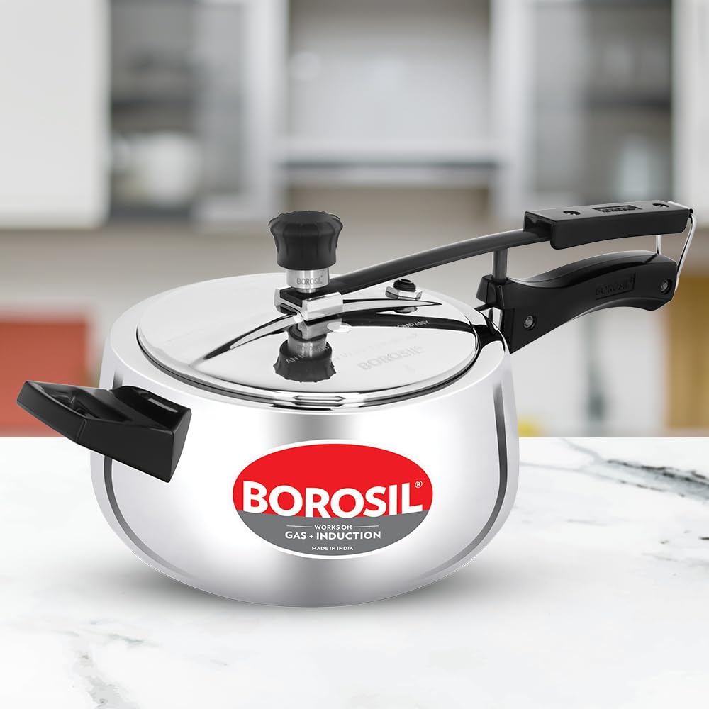 Borosil 5 L Triply Pressure Cooker With Inner Lid | Ss304 Food Grade Stainless Steel | Even Heat Distribution | Gas Stove & Indu