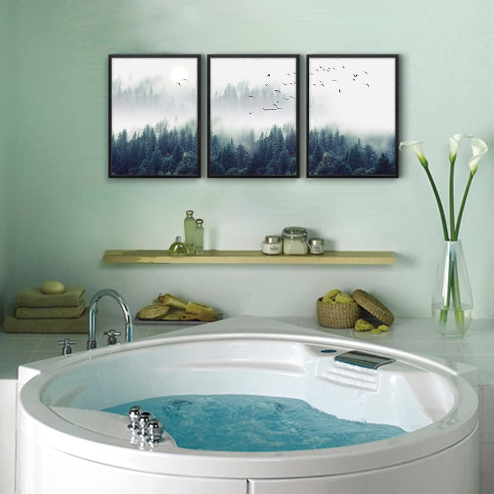 Black Framed Wall Art For Living Room Large Size Wall Decoration For Bedroom Foggy Forest Trees Landscape Painting Office Wall Decor Wall Pictures Artwork 16''X24'' Home Decor 3 Piece Framed Art Prints