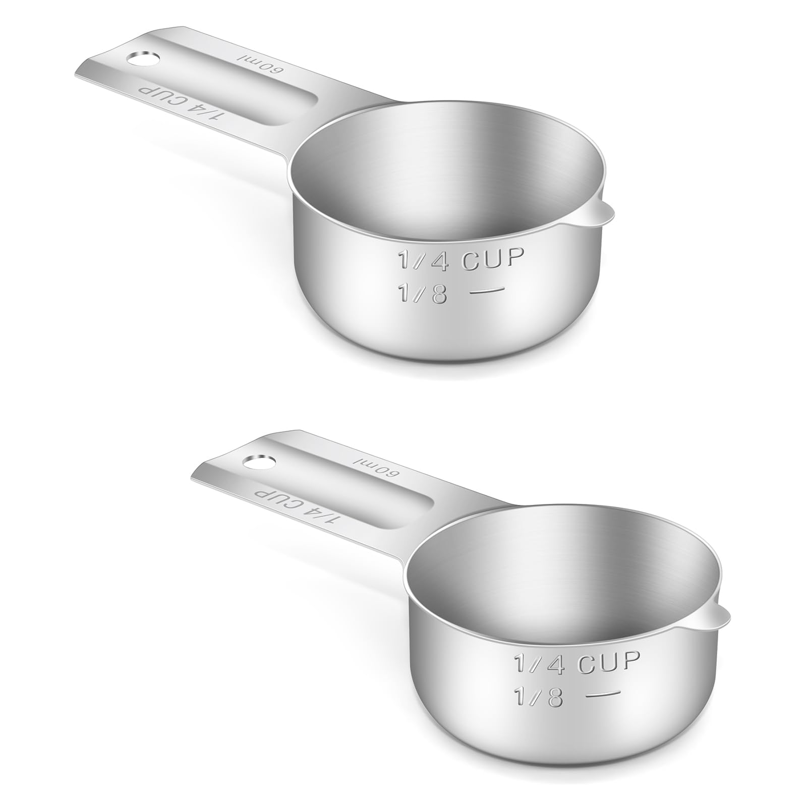 BERYLER 2PCS 1/4Cup (60ml, 2oz) Single Measuring Cup, Stainless Steel Measure Scoop, Metric and US Measurement, Dishwasher Safe