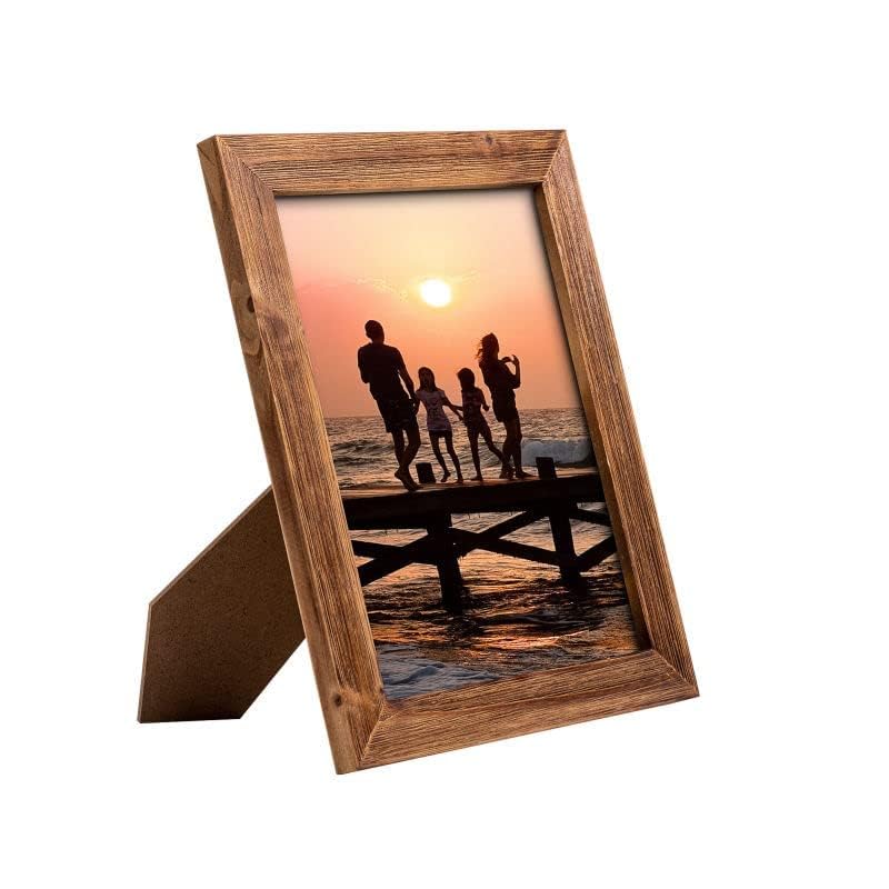 8 x 10 Picture Frame Wood Rustic Handmade Striped Border Brown Photo Frames High Definition Glass for Wall or Tabletop Display G