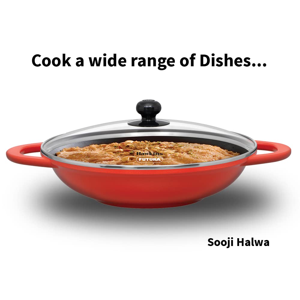 Hawkins 3 Litre Shallow Kadhai, Die Cast Non Stick Frying Pan With Glass Lid, Ceramic Coated Pan, Induction Shallow Frying Pan,