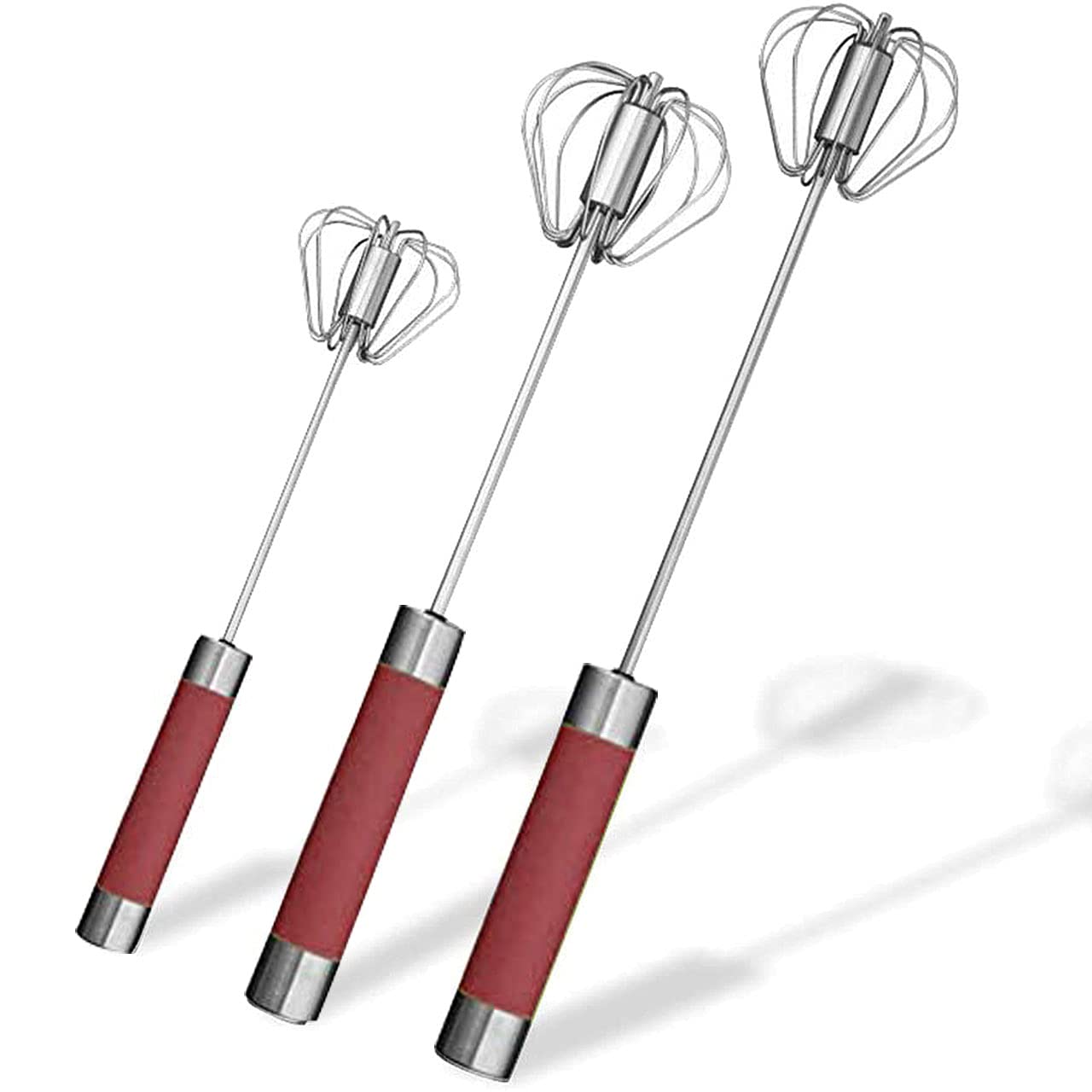 Stainless Steel Semi-Automatic Egg Whisk - 3Pcs Hand Push Rotary Whisk Blender (Red)