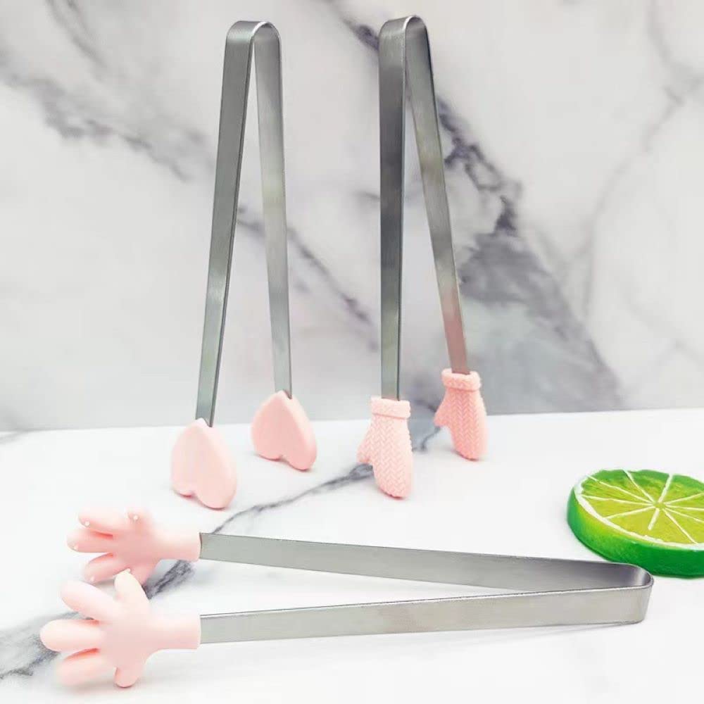 Nentment 3 Pack Mini Dessert Tongs Stainless Ice Cube Clip Pink Hand Heart Glove Shape Small Non-Slip Silicone Baking Bread Tong