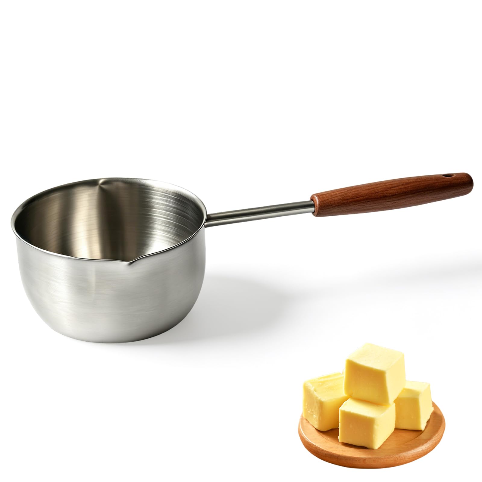 17floz 500ml Stainless Steel Butter Melting Pot, Small Saucepan with Wooden Handle for Chocolate & Milk Warming