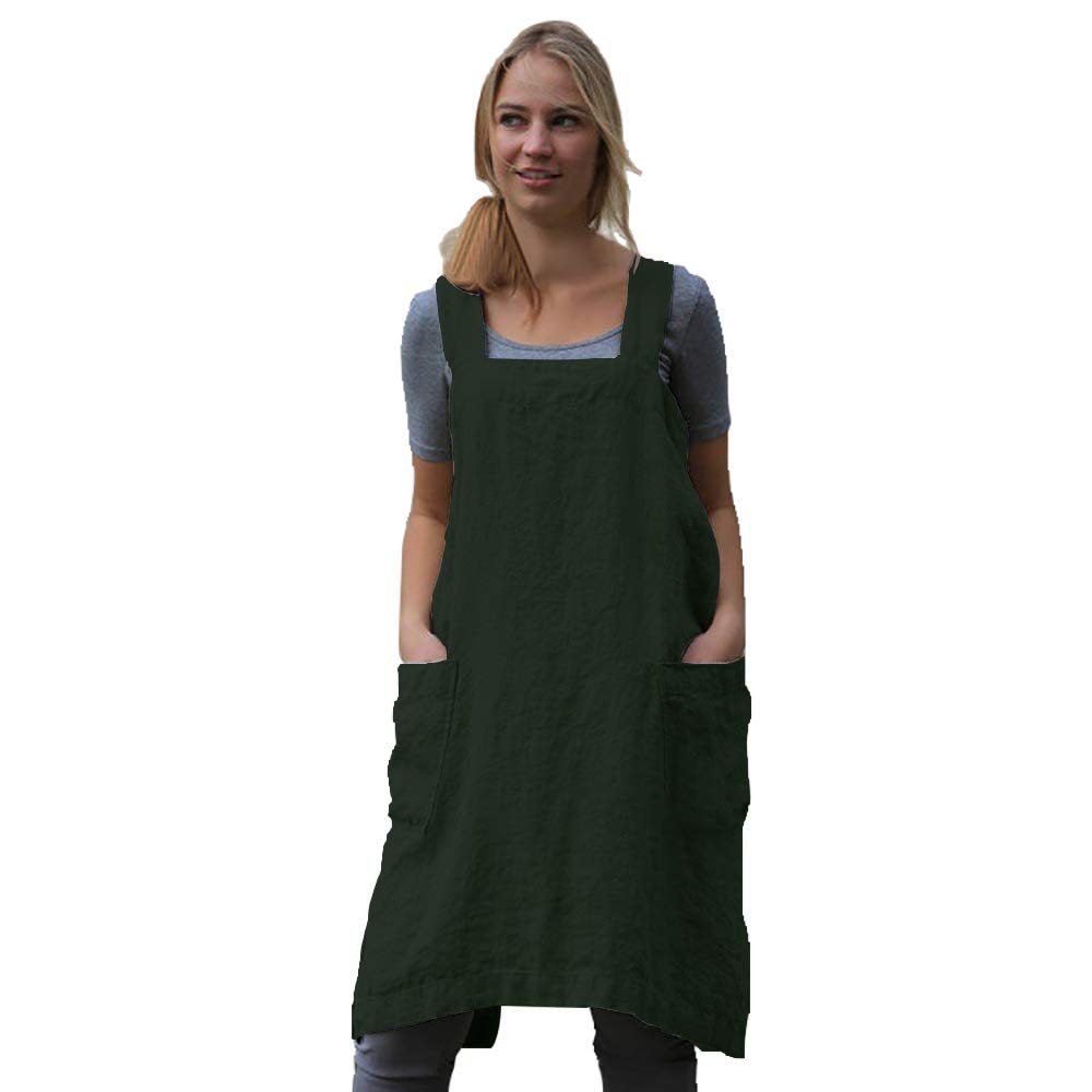 Women 'S Pinafore Square Apron Baking Cooking Gardening Works Cross Back Cotton/Linen Blend Dress With 2 Pockets Dark Green-S