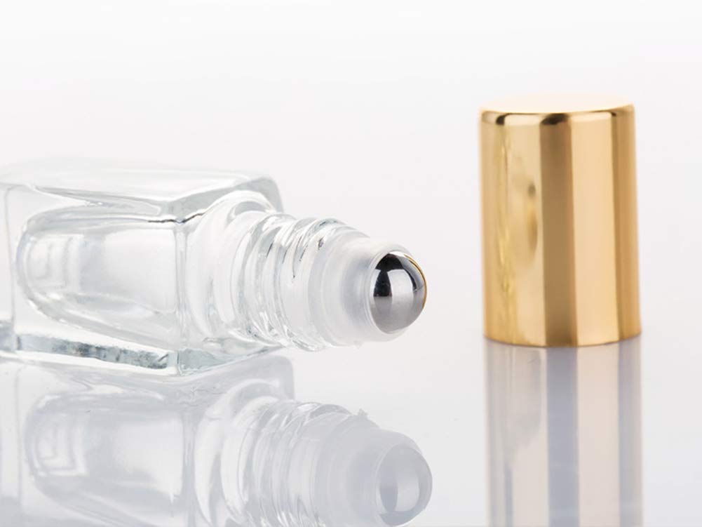 3Ml Square Glass Roller Bottle For Essential Oils,Mini Glass Bottles With Stainless Steel Roller Balls,Gold Aluminum Caps Portab