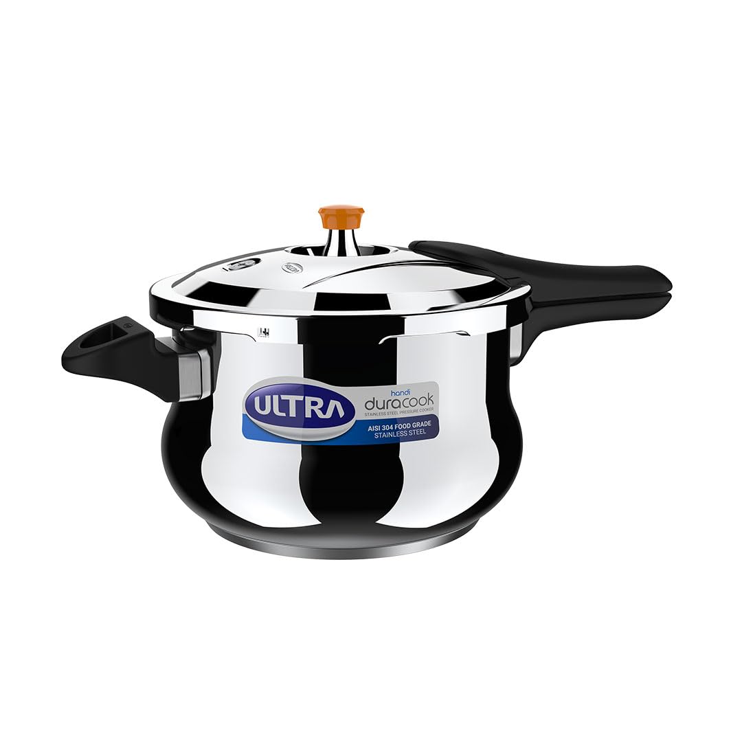 Ultra Duracook Handi Pressure Cooker 6.5 Litre | Aisi 304 Food Grade Stainless Steel Cooker | 10 Years Warranty | Injection Moul