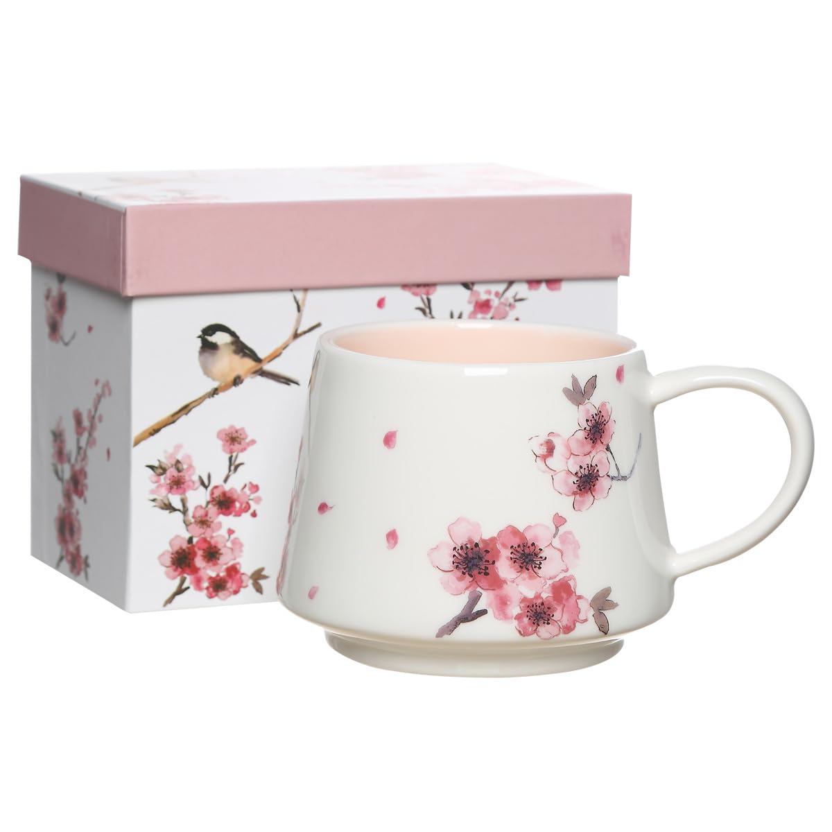Topadorn 12oz Ceramic Coffee Mug, Cherry Blossom Bird Mug with Gift Box