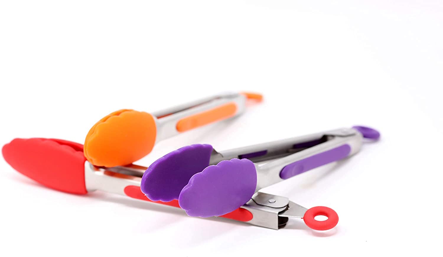 7-Inch Mini Silicone Kitchen Stainless Steel Tongs - Set Of 3 (Red, Orange, Purple) - Mini Tongs For Serving Food, Cooking, Sala