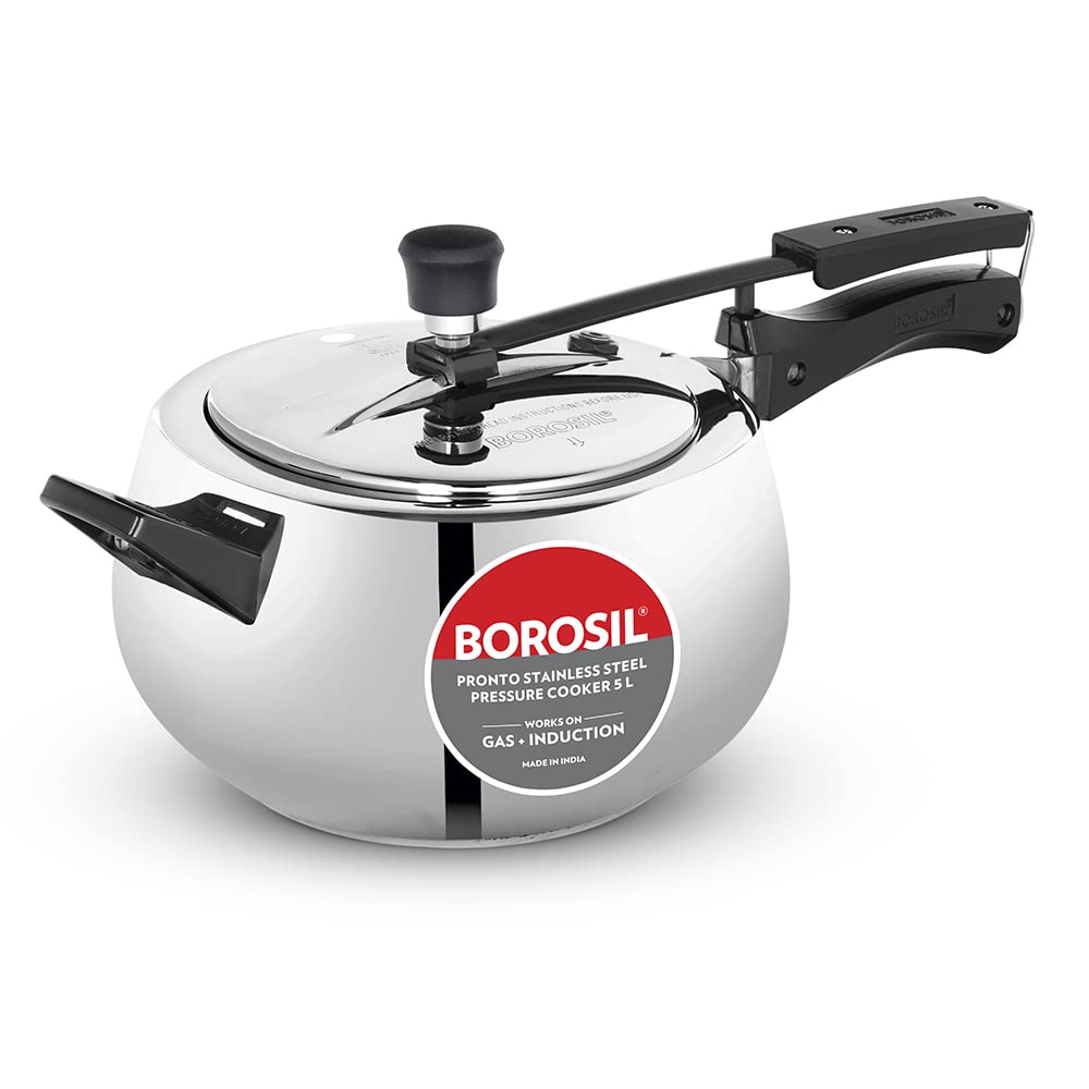 Borosil 5L Pronto Stainless Steel Pressure Cooker With Inner Lid | Gas & Induction Compatible | 6.8 Mm Heavy Encapsulated Base |