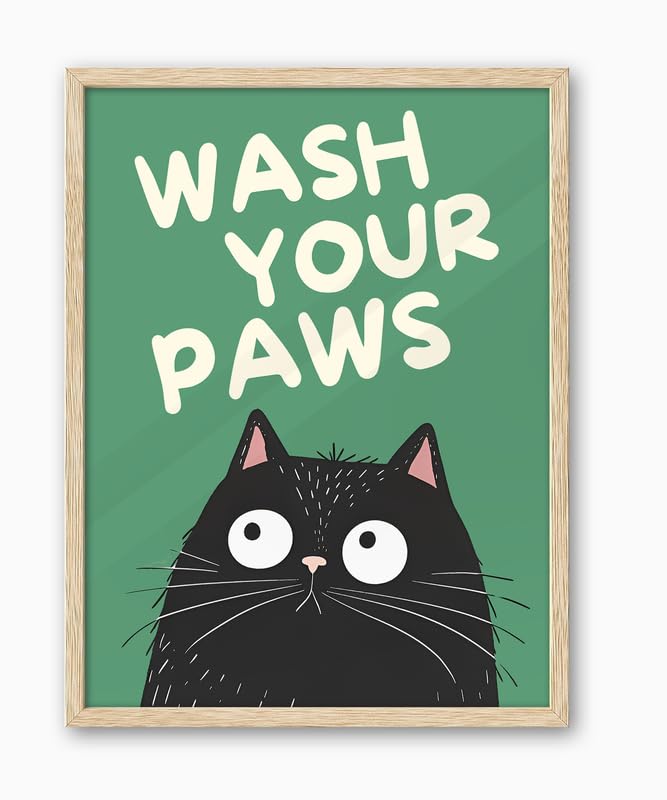 Upwoigh Beige Oak Framed Wall Art Decor, Black Cat Wash Your Paws Funny Wall Art, Waterproof Wood Framed Canvas Wall Art Animals