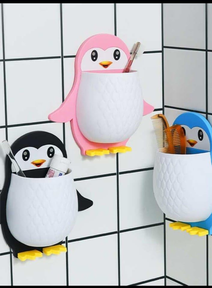 Flyfar Cute Penguin Wall Mount Storage Organizer, Black Blue Pink, Pp Material, Adhesive Installation, Bathroom Toothbrush Holde