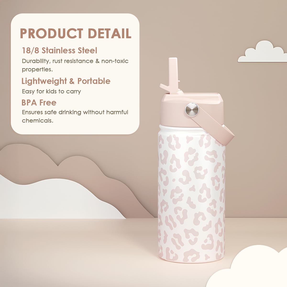 Beige Leopard Print Kids Water Bottle with Straw Lid 12oz Insulated Stainless Steel, Travel Tumbler, Gifts for Girls, Birthday,