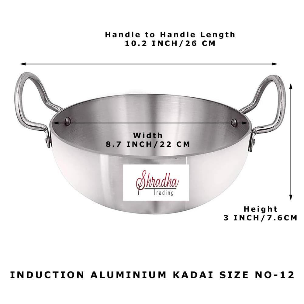 Shradha Trading Aluminium Kadai, Aluminum Indian Kadai,Indian Kadai, Cookware Pan, Indian Stir Pan, Frying Pan, Size-12, Thickne