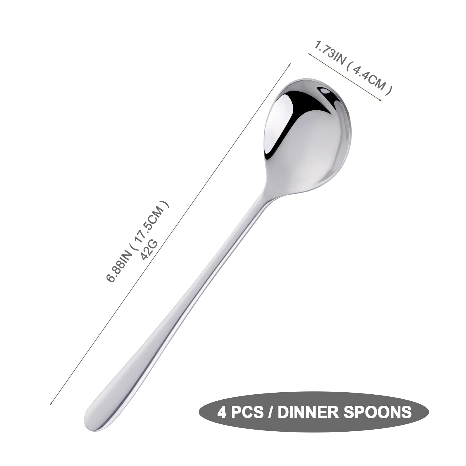 4-Piece Round Stainless Steel Bouillon Spoons Soup Spoons, Stainless Steel Large Round Spoons, Heavy-Weight Round Deep Bowl Spoo