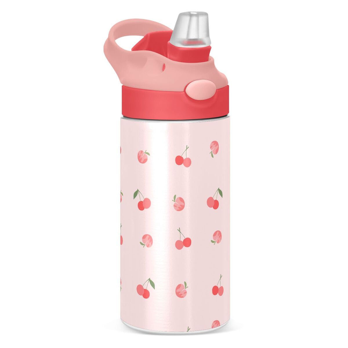 ALAZA Cherry Peach Fruits Kids Water Bottles Insulated Stainless Steel Tumbler Travel Cup Lids Straw Double Walled Leakproof 12 