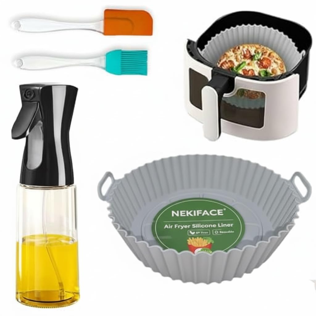 Nekiface 1 Pcs Round Reusable Non-Stick Air Fryer Accessories Silicone Coating Pot Basket For Microwave Oven Oil Sprayer Bottle 