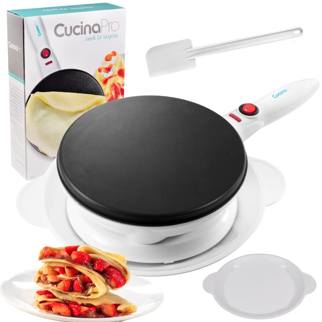 CucinaPro Cordless Crepe Maker- Breakfast Essential with Recipe Guide, Non-Stick Dipping Plate, Electric Base, Batter Spatula- P