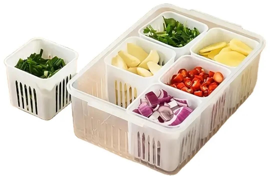 Vegetable Storage Container With Lid, 6 Compartments Fridge Organizer Box, Bpa Free Food Grade Plastic Storage Box For Vegetable