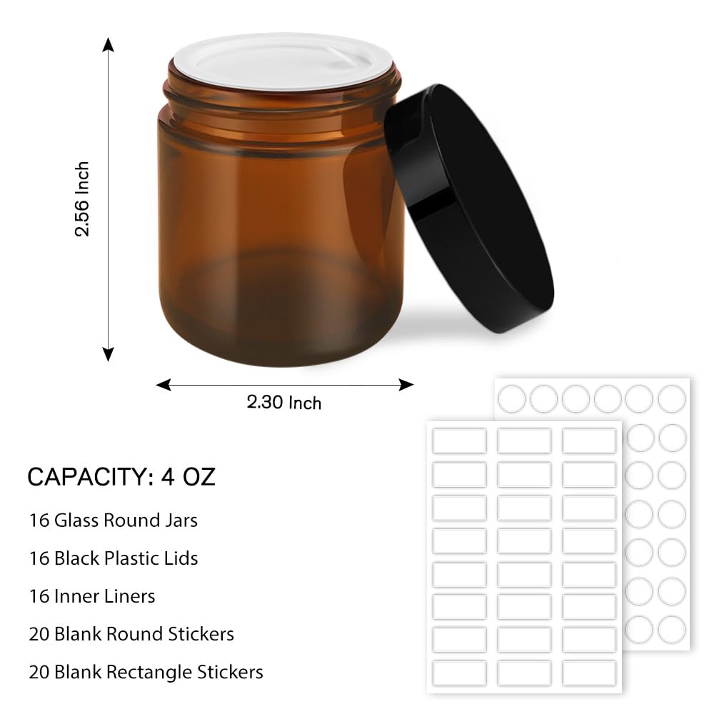 16 Pack, 4 Oz Glass Jars With Lids, Amber Glass Jars Small Glass Containers Spice Container For Slime, Makeup, Cream, Lotion, Co