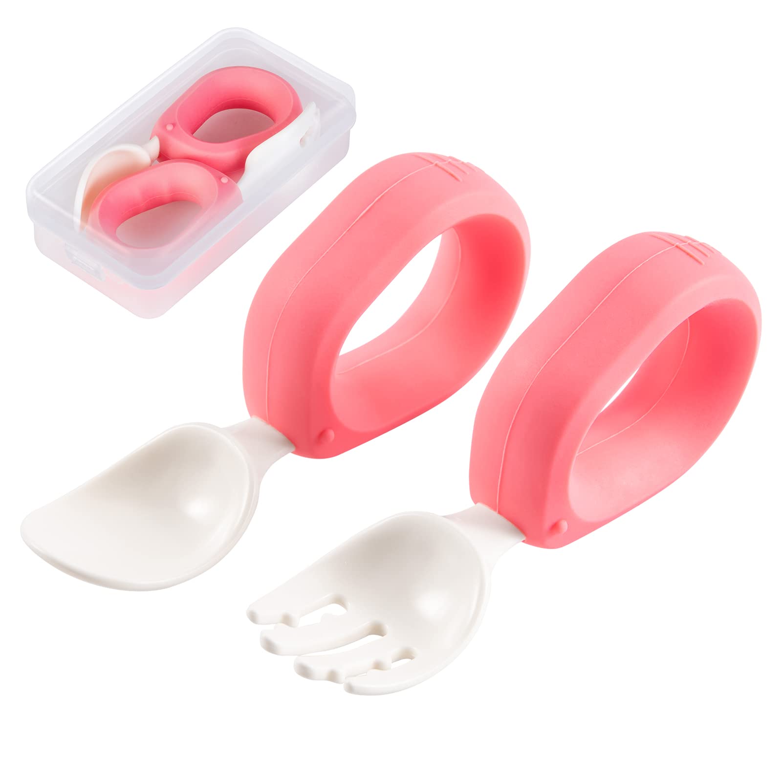 HIWOOD Baby Self Feeding Training Spoon and Fork Set with Travel Case, BPA-Free Cute Circle Toddler Training Utensils, Silicone/
