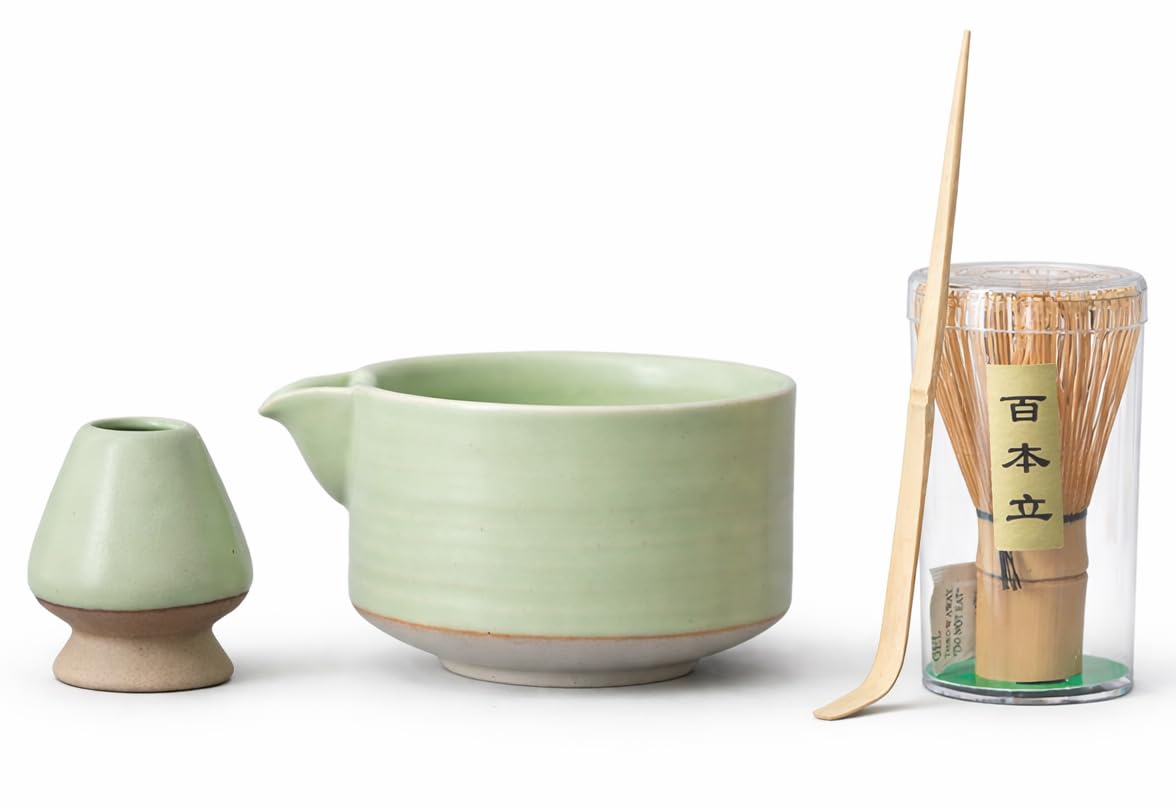 Flavoma (Set Of 4) Japanese Handmade Bamboo Matcha Whisk (Match Brush Japanese Style) + Traditional Scoop (Chashaku) + Ceramic T
