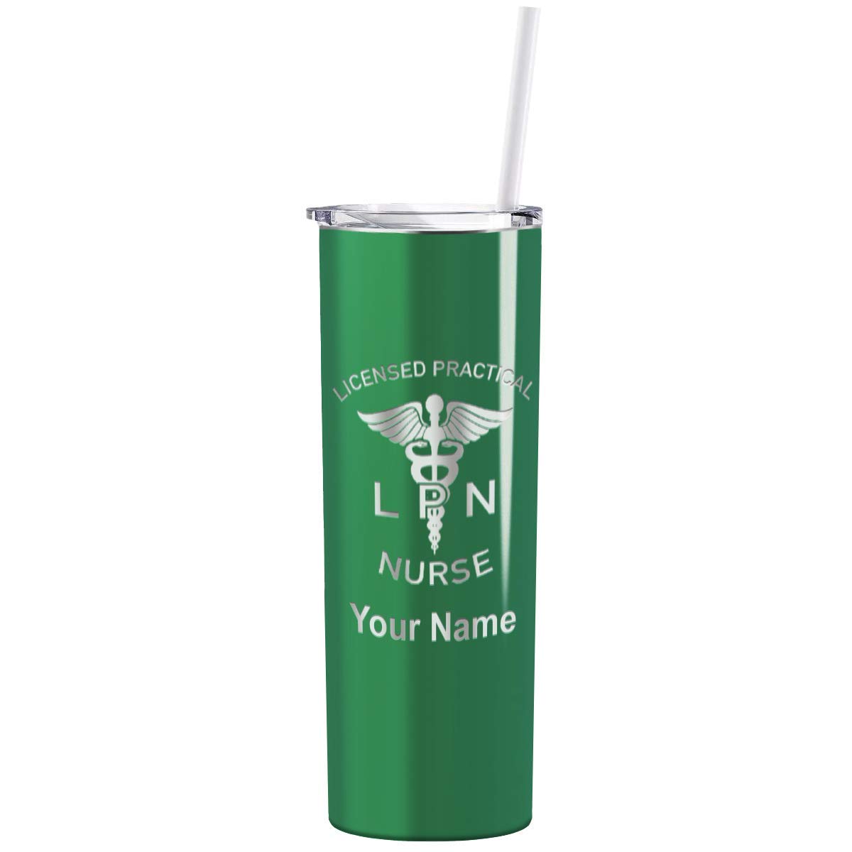 Personalized Nurse Laser Engraved Custom Kelly Green Gloss Nurse Custom Engraved 20 Oz Skinny Tumbler With Lid And Straw