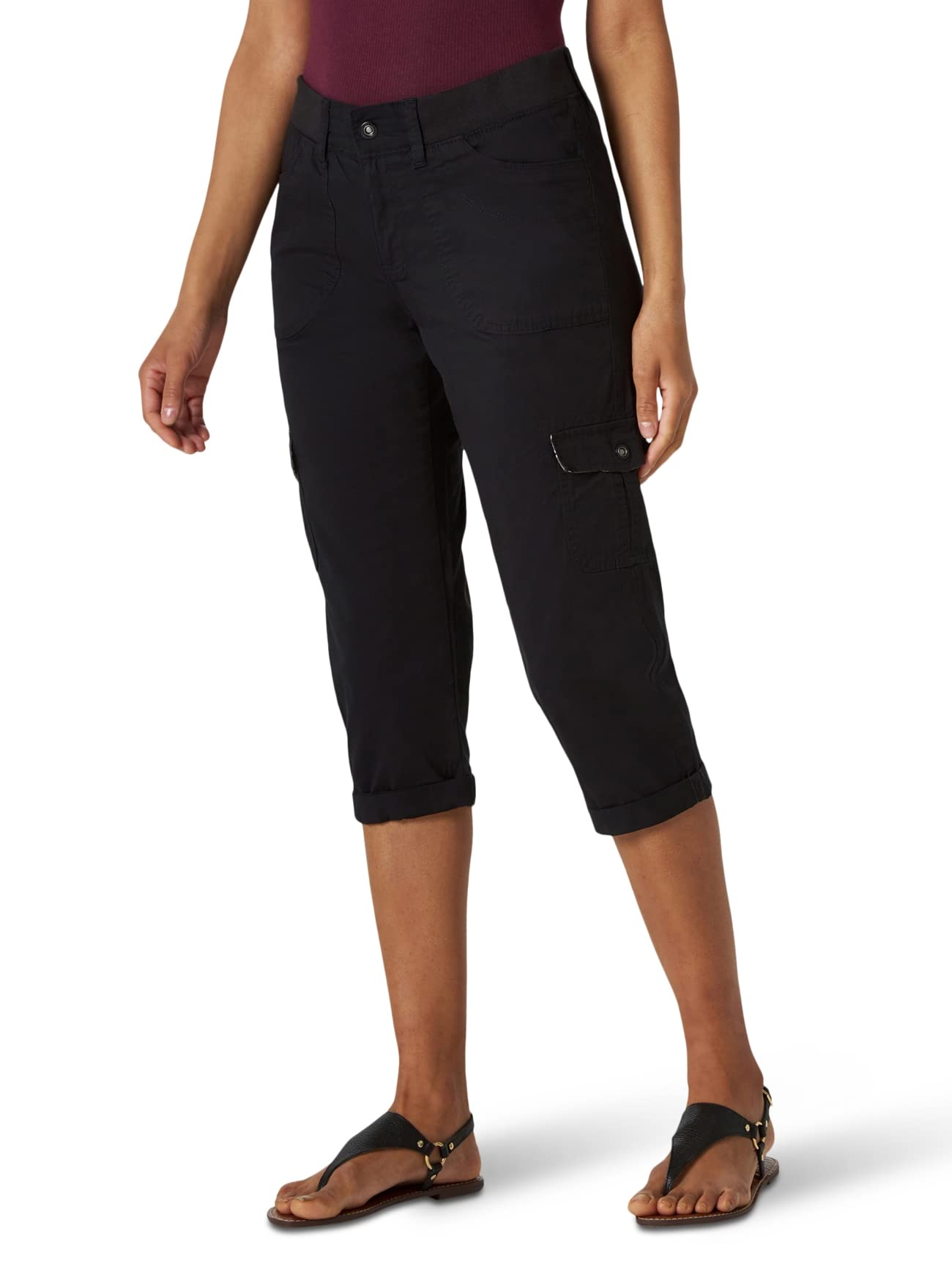 Lee Womens Missy Relaxed Fit Austyn Knit Waist Cargo Capri Pant, Black, 4