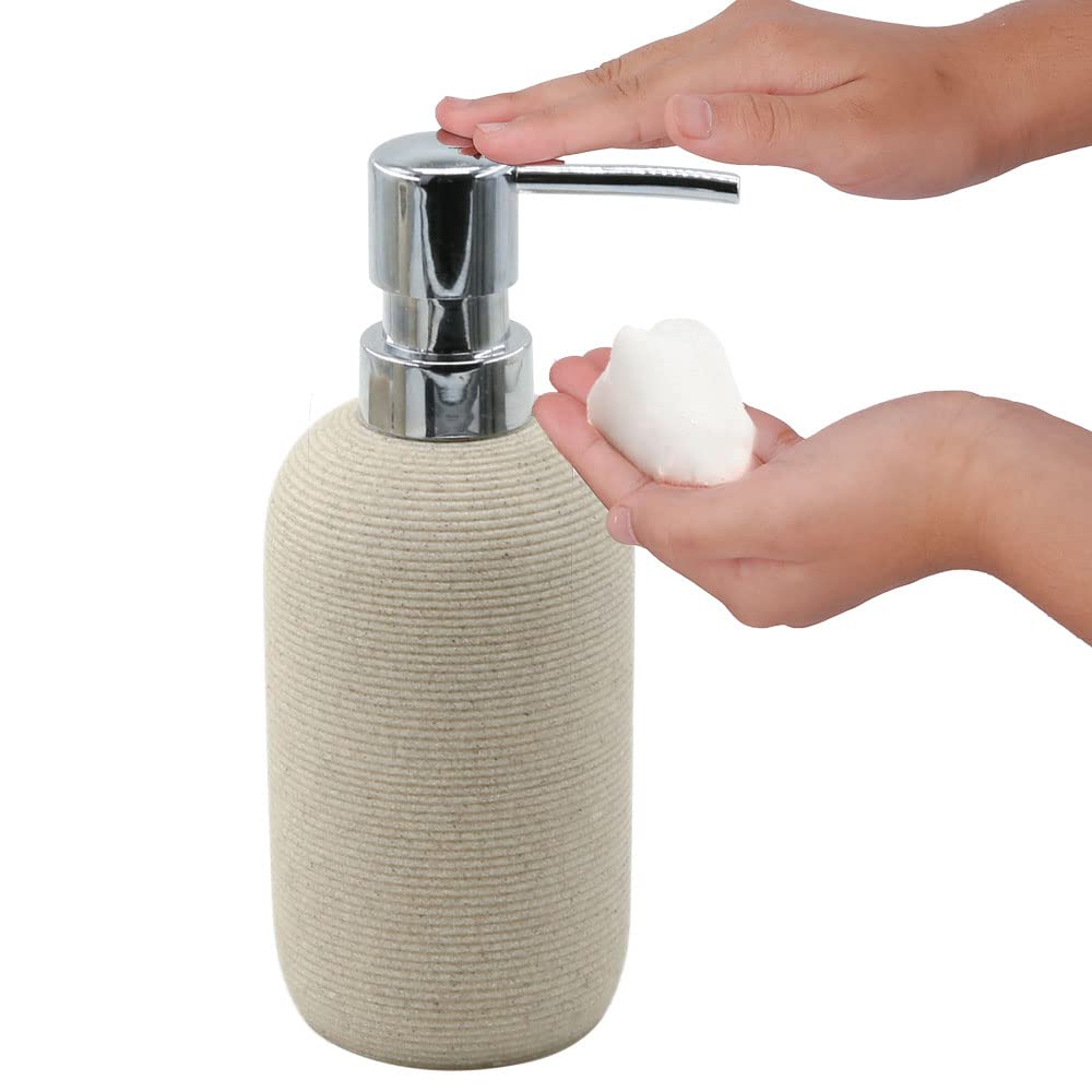 Beige Resin Bathroom Accessory Set, 5 Pcs Bathroom Accessories Set With Lotion Dispenser,Soap Dish,Toothbrush Holder,Vanity Tray