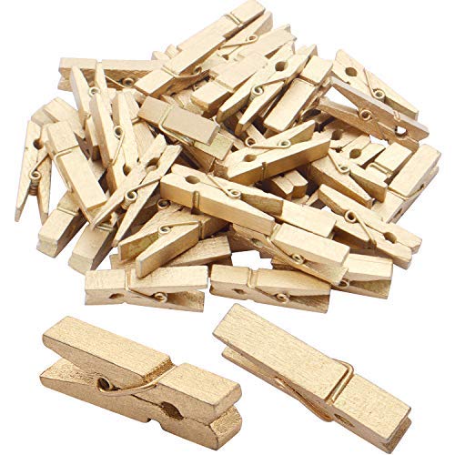 Jdesun 50 Pieces Photo Clips,Mini Gold Wooden Picture Paper Clip Clothespins Peg For Office,Home,Arts