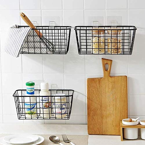 Lelecat Hanging Kitchen Baskets For Storage Adhesive Sturdy Small Wire Storage Baskets With Kitchen Food Pantry Bathroom Shelf S