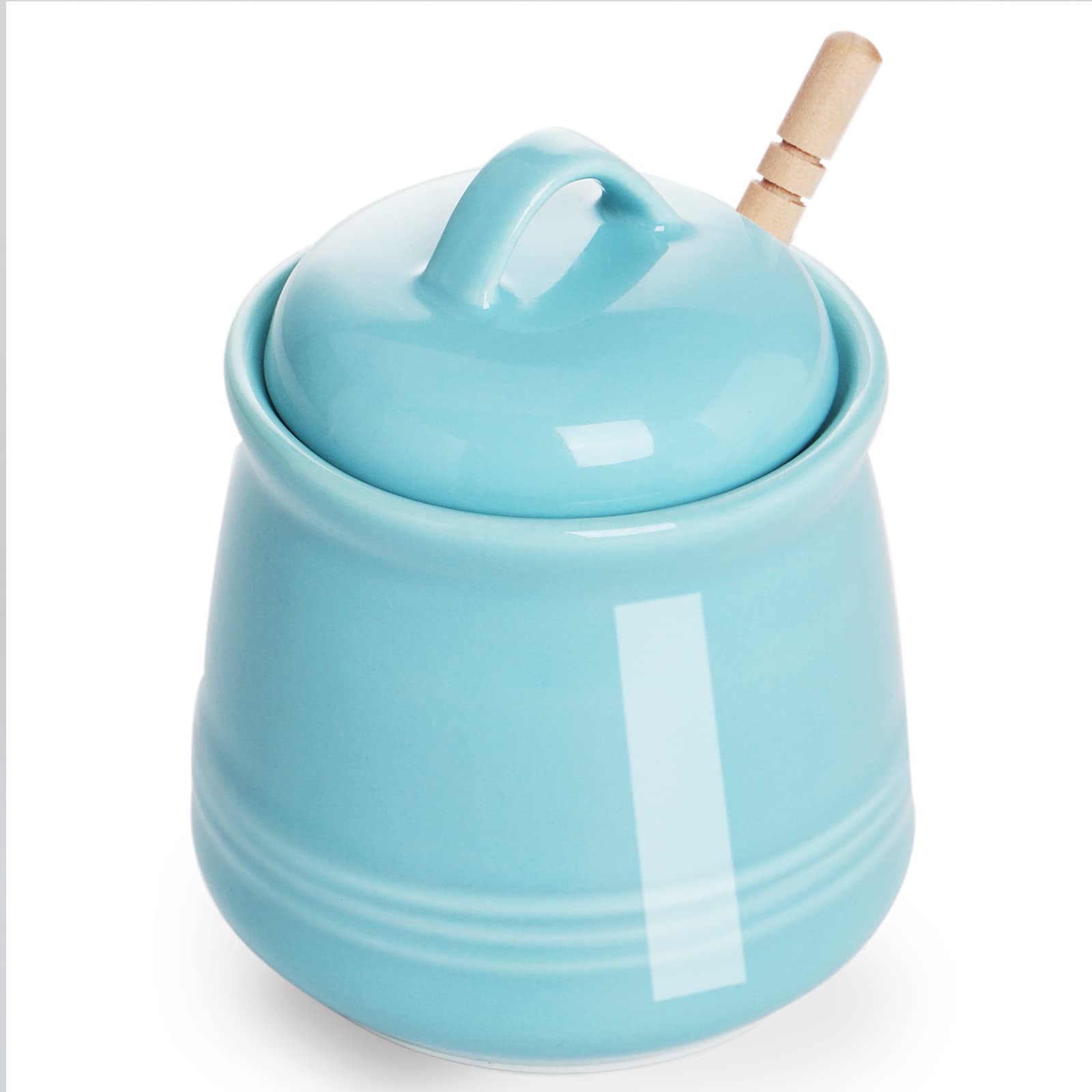 Haotop Ceramic Honey Pot With Lid And Honey Dipper,Porcelain Honey Jar Easy To Clean And Dishwasher Safe,12Oz (Blue)