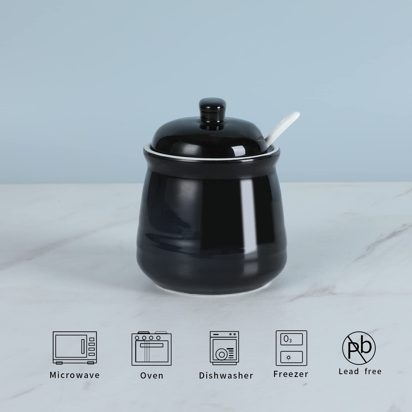 Haotop Porcelain Salt Bowl With Lid And Spoon,Ceramic Sugar Bowl 12Oz (Black)