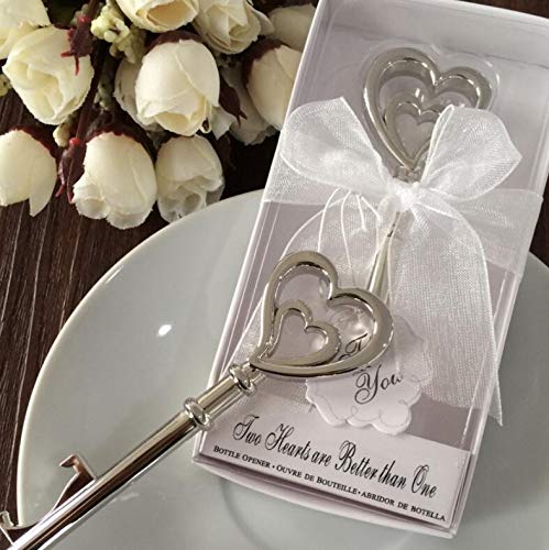 10 Double Heart Silver Metal Bottle Opener Favors
