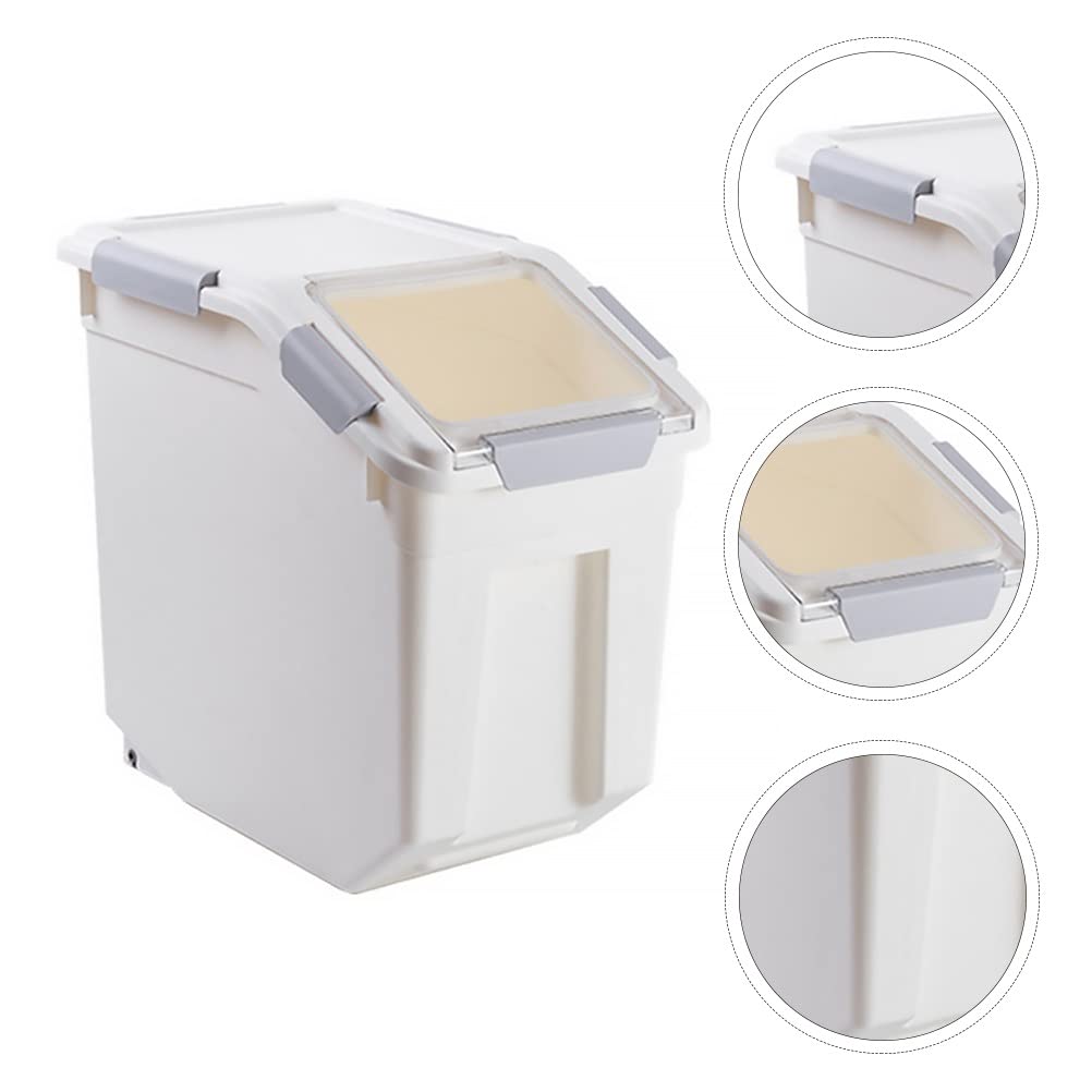 Qiveno Airtight Flour Storage Container 25 Lb Rice Storage Container With Wheels Seal Locking Lid, Food Containers With Measurin