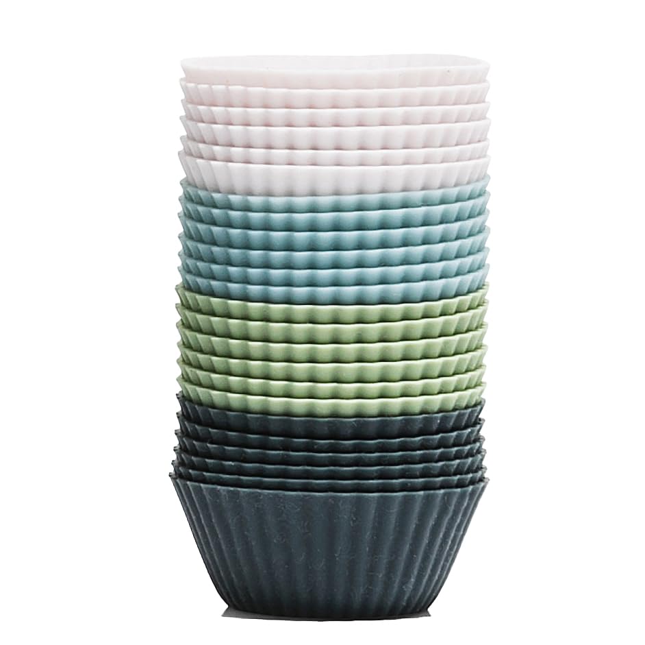 The Silicone Kitchen Reusable Mini Silicone Baking Cup, Non-Toxic, Bpa Free, Dishwasher Safe, Mini, 24 Pack, White Blue Green
