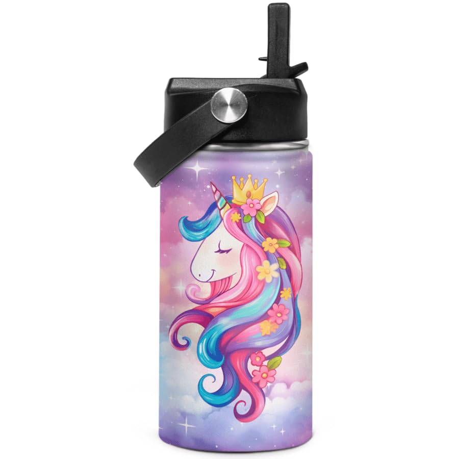 Unicorn Kids Water Bottle Insulated Water Bottles 12Oz With Straw Stainless Steel Travel School Tumbler Double Wall Vacuum Cup F