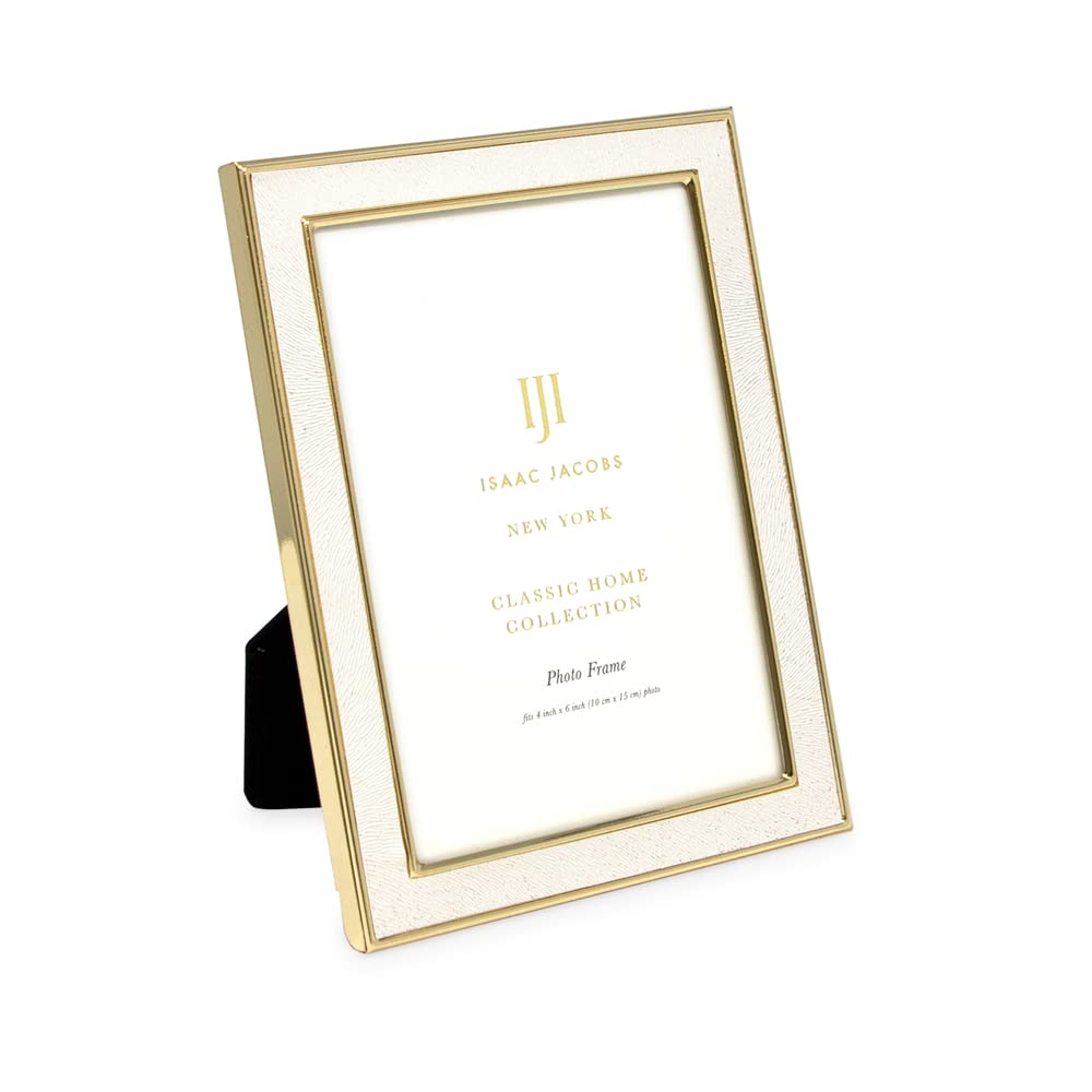 Isaac Jacobs 4x6 White Textured Leather (Vertical & Horizontal) & Gold Metal Picture Frame, with Black Fabric Easel, Wall-Mounta