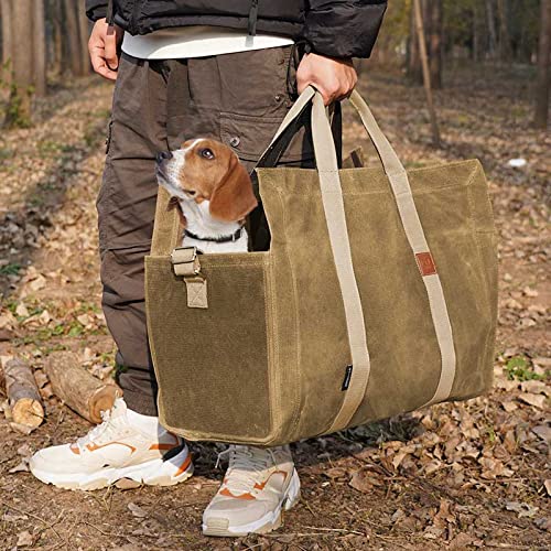 INNO STAGE 22oz Waxed Canvas Fire Wood Log Carrier Tote Bag for Fireplace with Patented Self Standing Design for Hay Hauling Outdoor Camping or BBQ Barbecue- Khaki