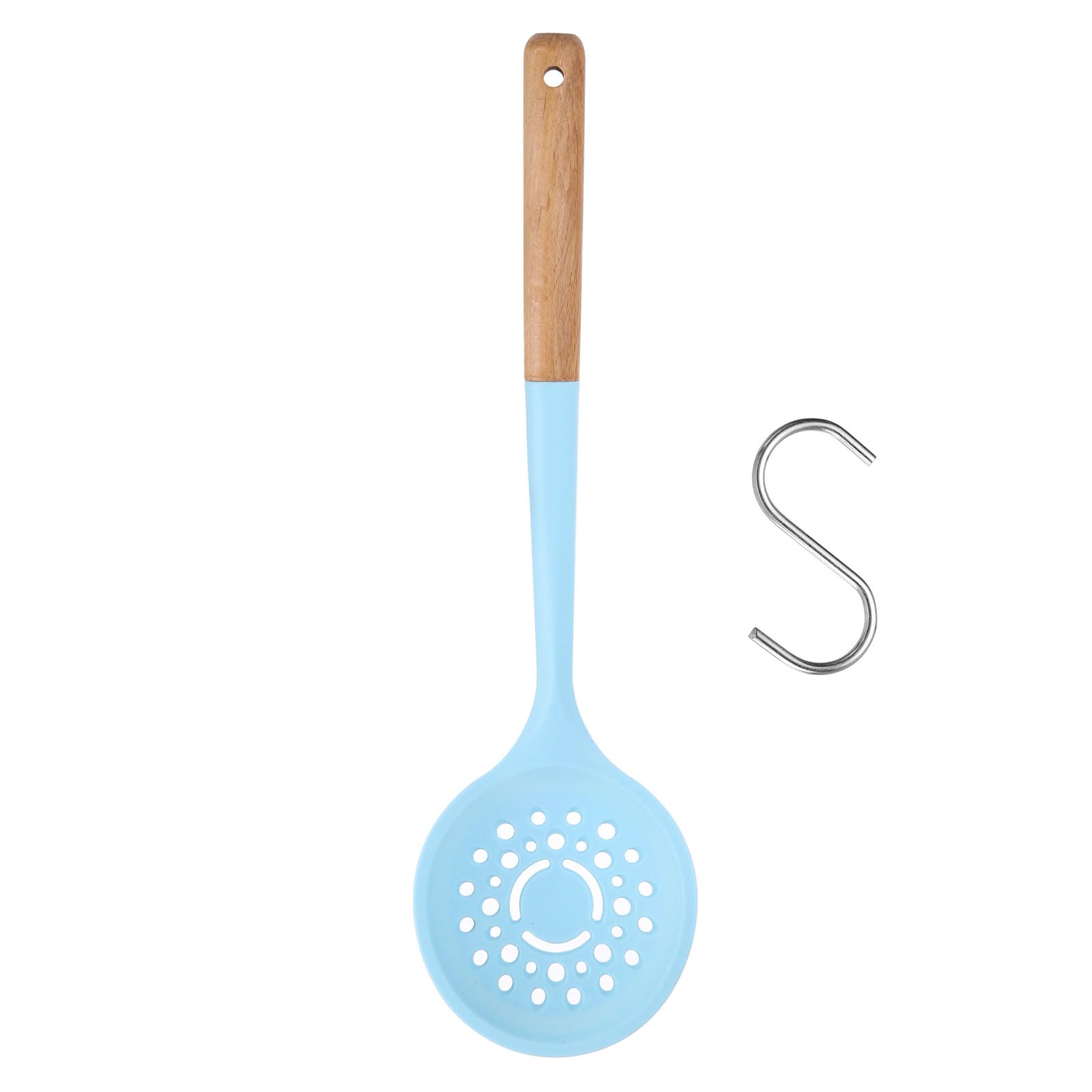 uxcell Silicone Cooking Spoons Kitchen Ladle Strainer Non Stick Filter Spoon with Wooden Handle for Mixing Serving Draining Stir