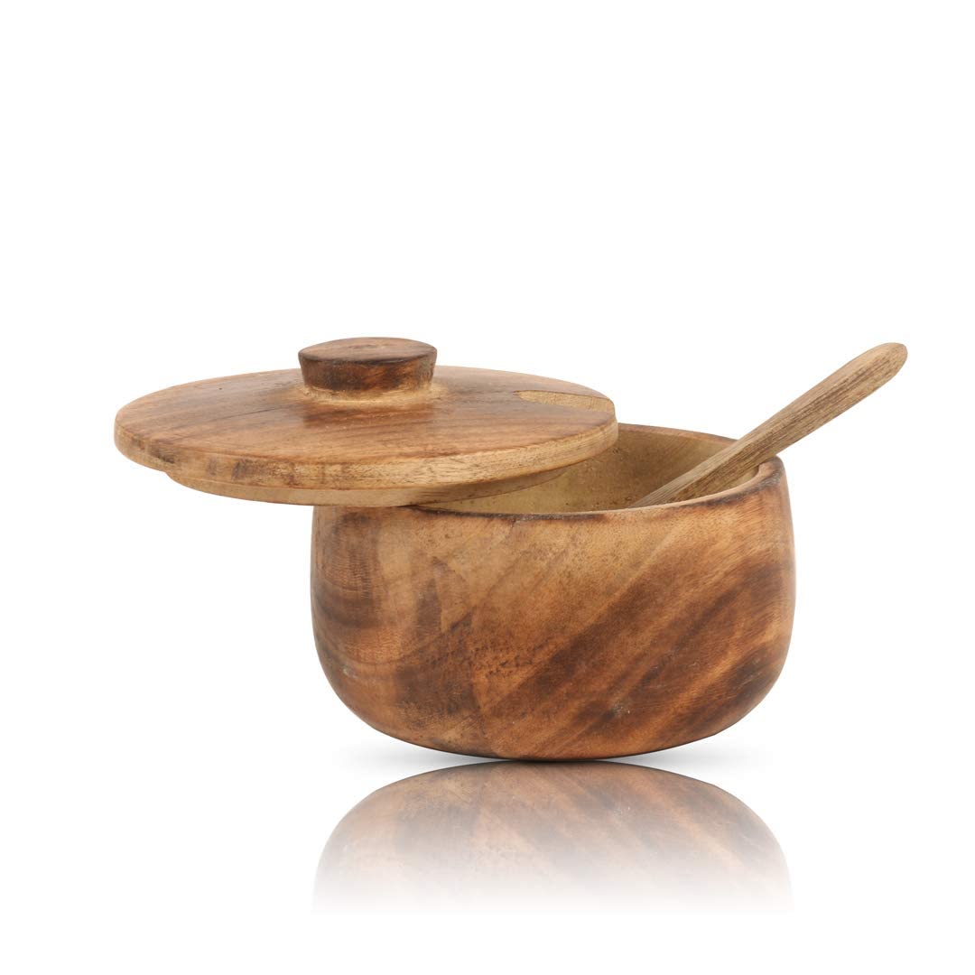 Decorative Rustic Wooden Sugar Bowl & Spoon With Lid Wide Mouth Candy Treat Jar Spice Jar Holder Condiment Nuts Serving Bowl Pot