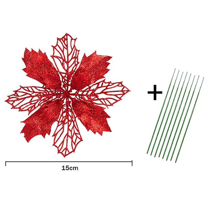 YYCRAFT Glitter Poinsettia Flowers 6 Inch for Christmas Tree Ornaments Christmas Decorations-12pcs,Red