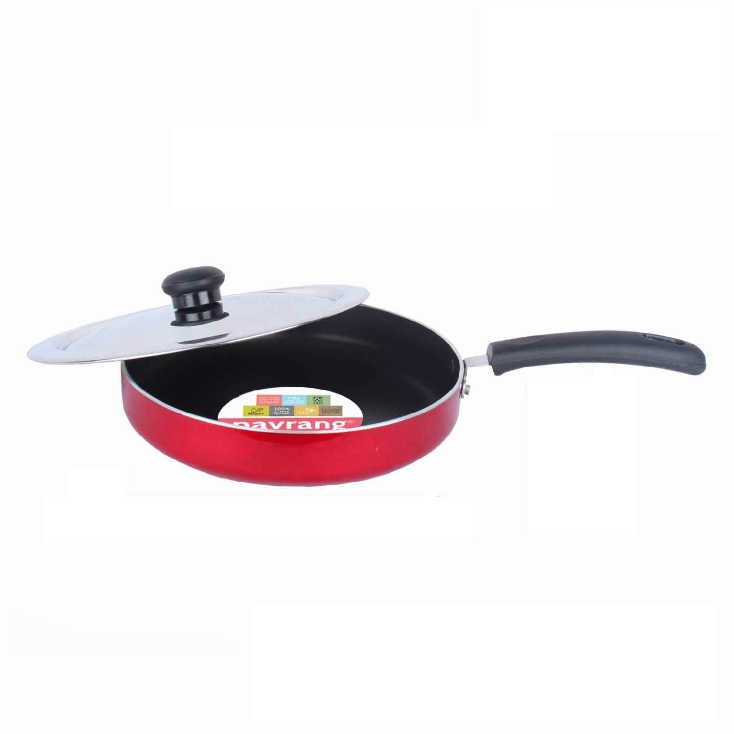 Navrang Aluminium Straight Fry Pan 23Cm | NonStick Frying Pan With Stainless Steel Lid | NonInduction | Red
